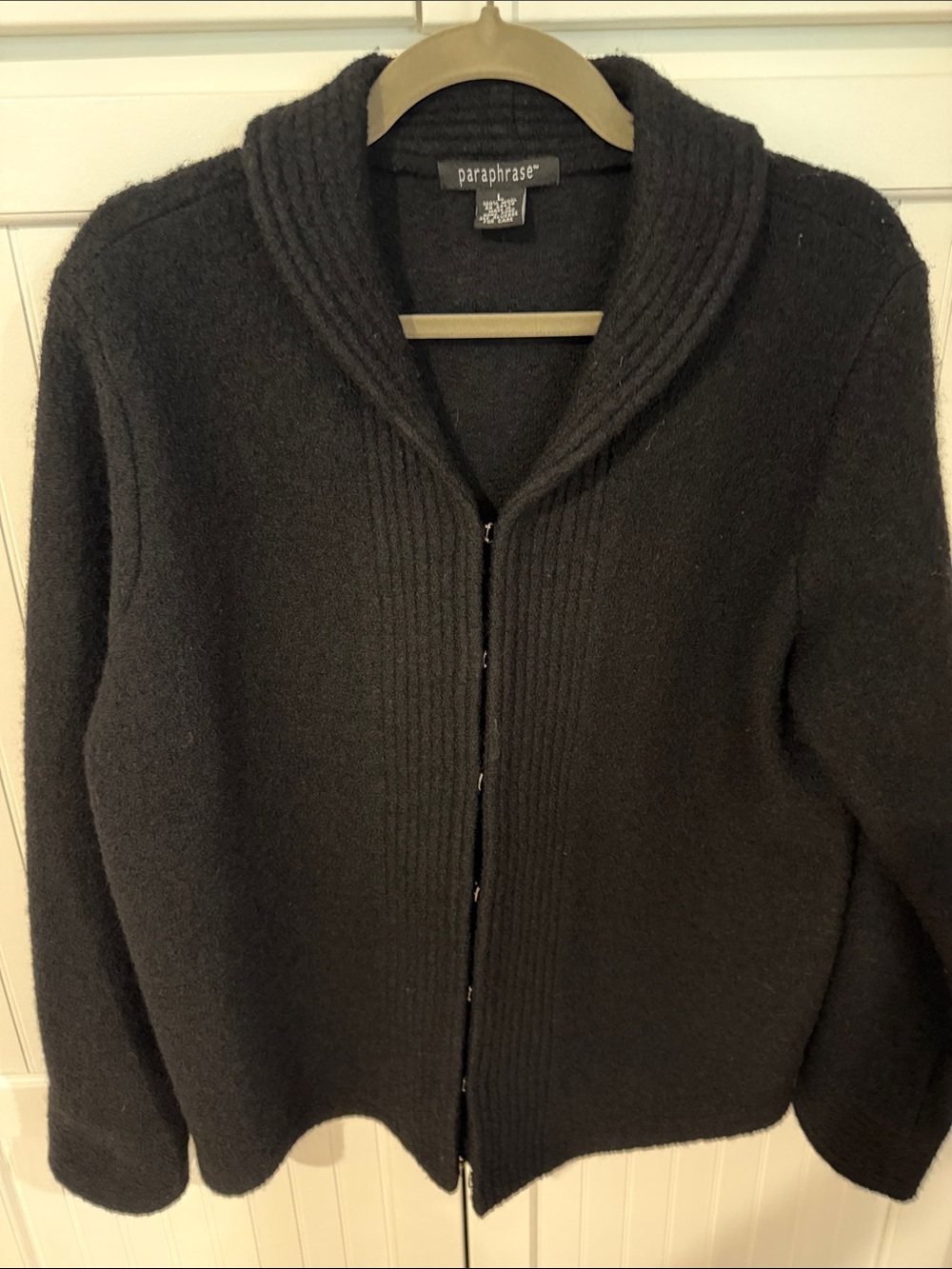 Paraphrase 100% Boiled Wool Shawl Collar Cardigan Hook Eye Closure Black Large